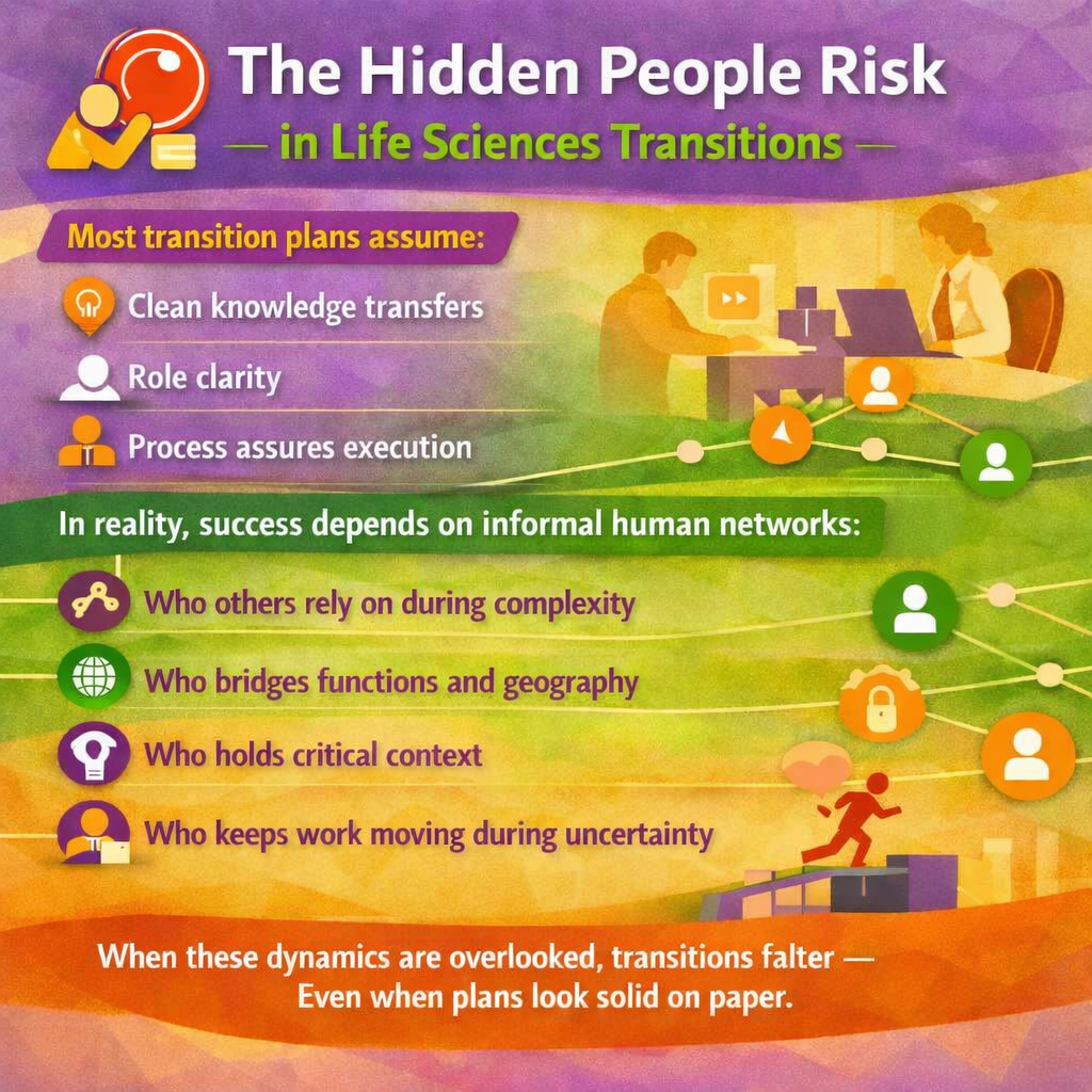 Infographic: Hidden People Risk in Life Sciences Transitions — visualizing informal networks and transition dynamics.